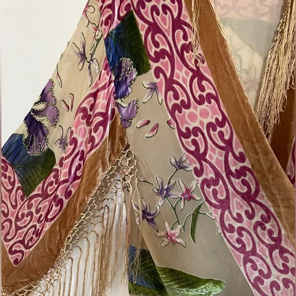 🍃 🌸 Velvet Burn-out Beaded Floral Fringe Kimono Jacket Robe Long Maxi Nude - Picture 5 of 10